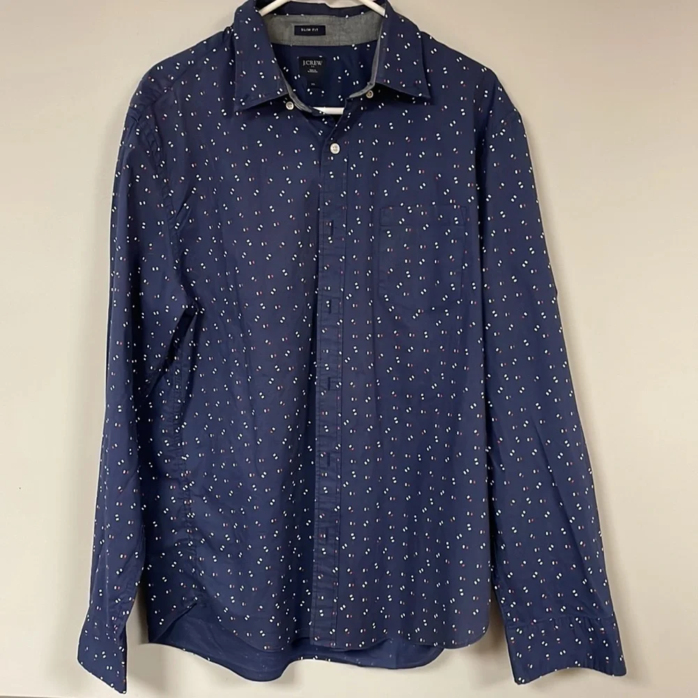 J.Crew Men's Slim Fit Button Down Shirt, XL, Navy with red & white design